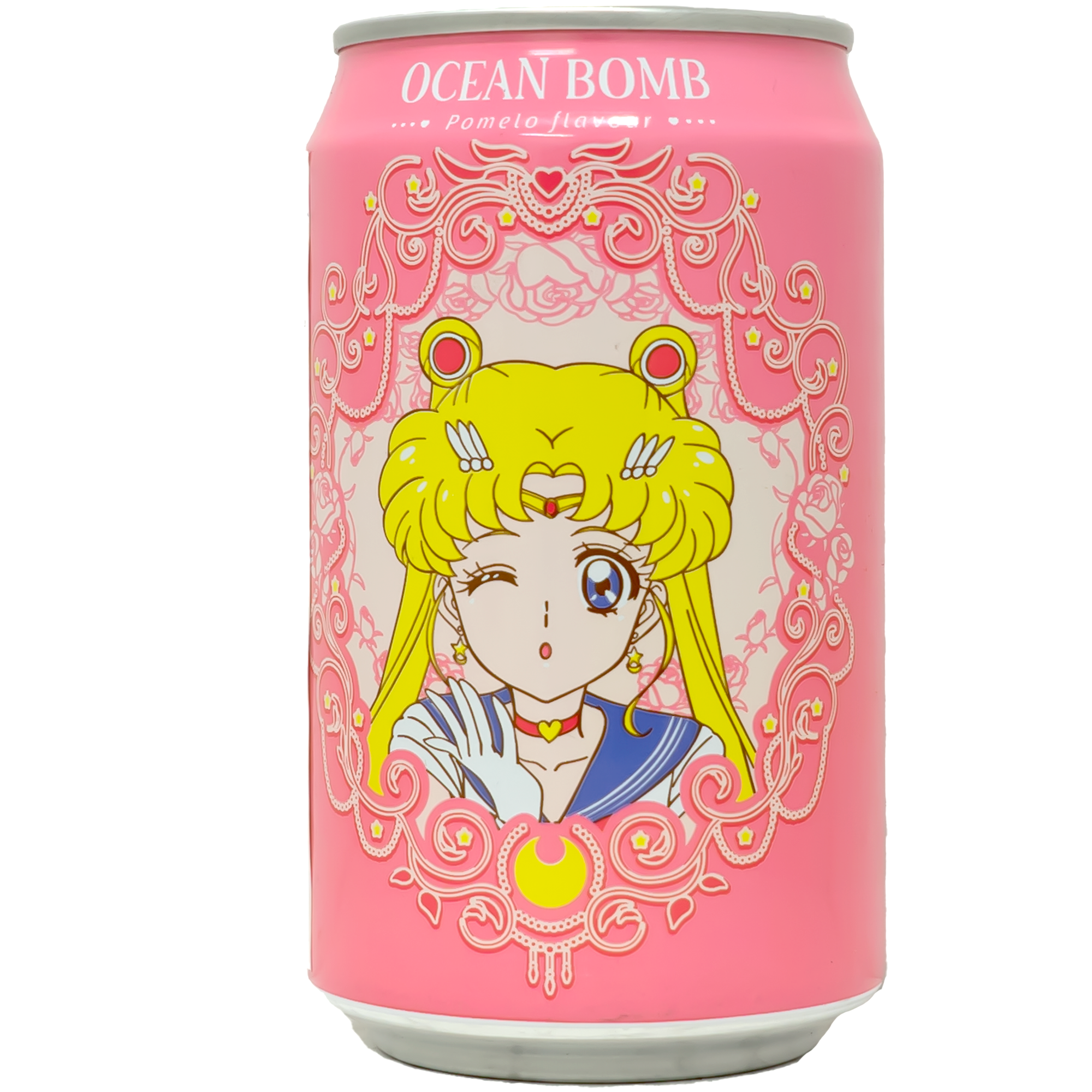 The can features a charming design with a bright pink background adorned with intricate decorative patterns. The highlight is a cheerful and winking character, adding a touch of playful elegance to the overall look.