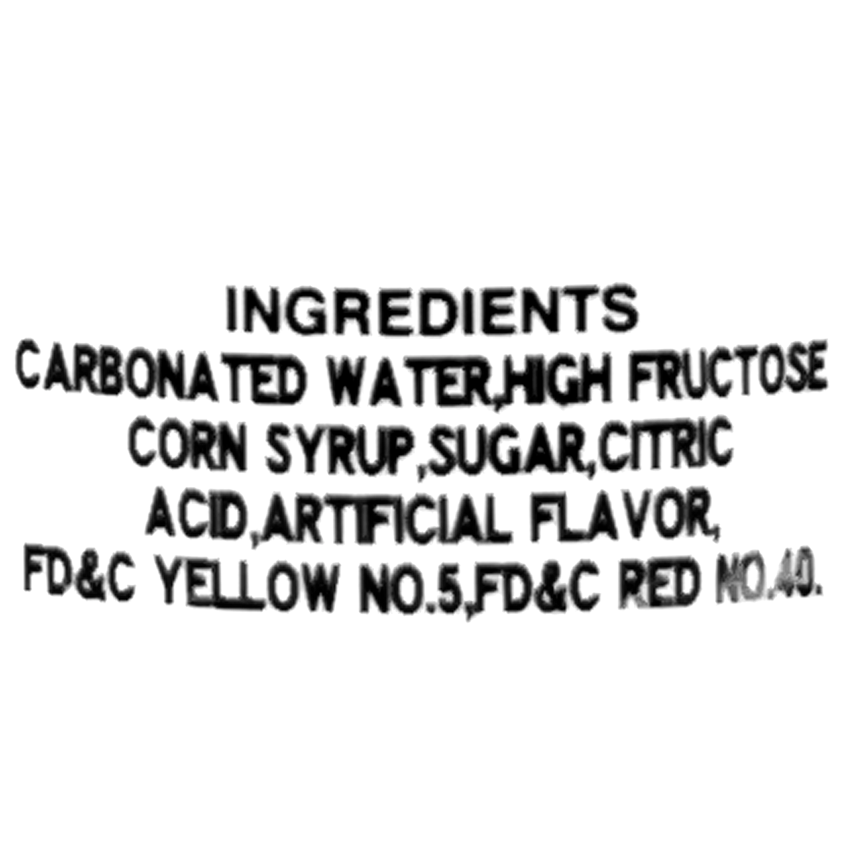 This refreshing drink is made from carbonated water, high fructose corn syrup, sugar, citric acid, artificial flavor, and colorings FD&amp;C Yellow No. 5 and FD&amp;C Red No. 40.