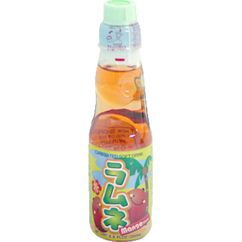 Front of bottle. The bottle features a vibrant, colorful design with cheerful illustrations of ripe mangoes and tropical elements. The bright orange liquid inside is visible through the clear bottle, enticing you with the promise of a delicious mango experience. The playful graphics and bright colors make this drink both fun and visually appealing.