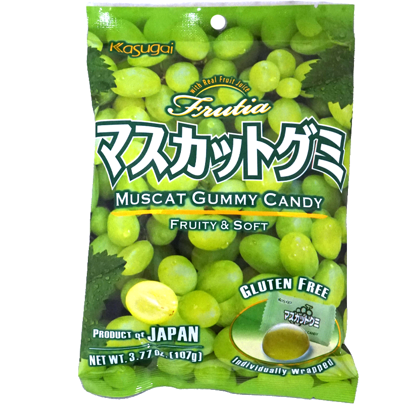 Front view of package. The packaging features a vibrant green design with images of luscious muscat grapes, emphasizing the fruity and refreshing taste of the gummies inside. The clear window showcases the individually wrapped gummies, highlighting their convenience and appeal.