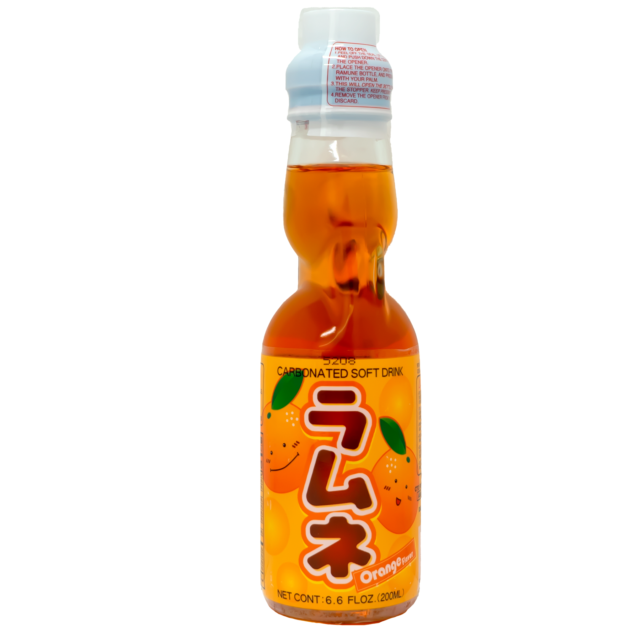 A glass bottle of orange-flavored Ramune with Japanese text and a white cap.