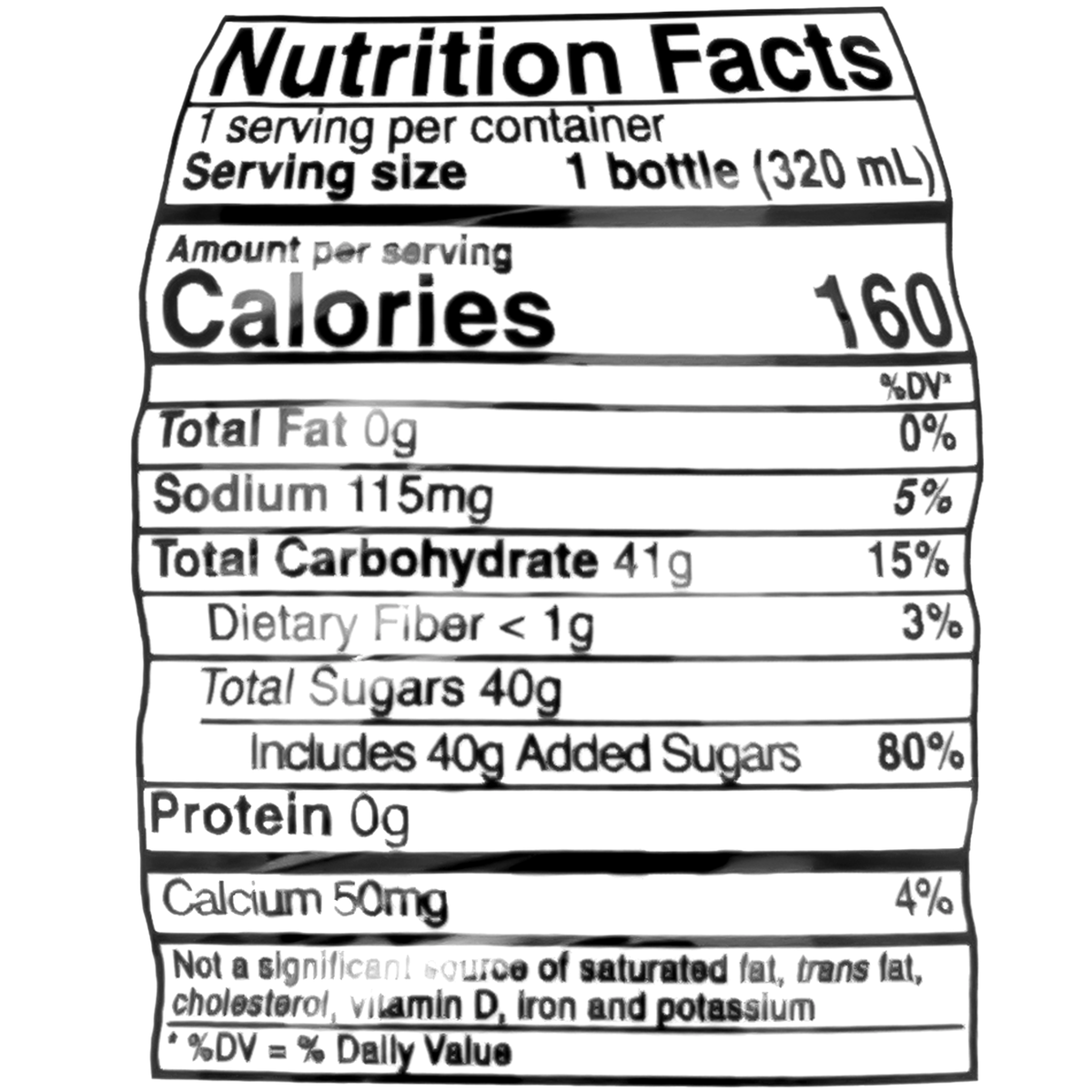 This 320ml bottle contains 160 calories, 0g of total fat, 115mg of sodium, 41g of total carbohydrates, including 40g of sugars and 50mg of calcium. It offers a refreshing and flavorful beverage option with the added fun of chewy nata de coco.
