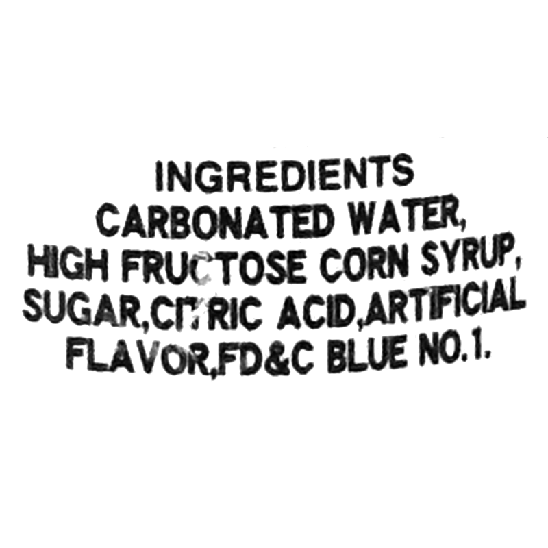 This refreshing beverage is made with carbonated water, high fructose corn syrup, sugar, citric acid, artificial flavor, and FD&amp;C Blue No.1.